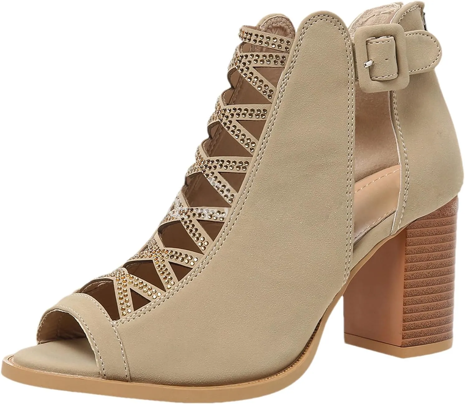 rismart Chunky Heeled Sandals for Women Peep Toe Rhinestone Cutout Crisscross Summer Ankle Bootie