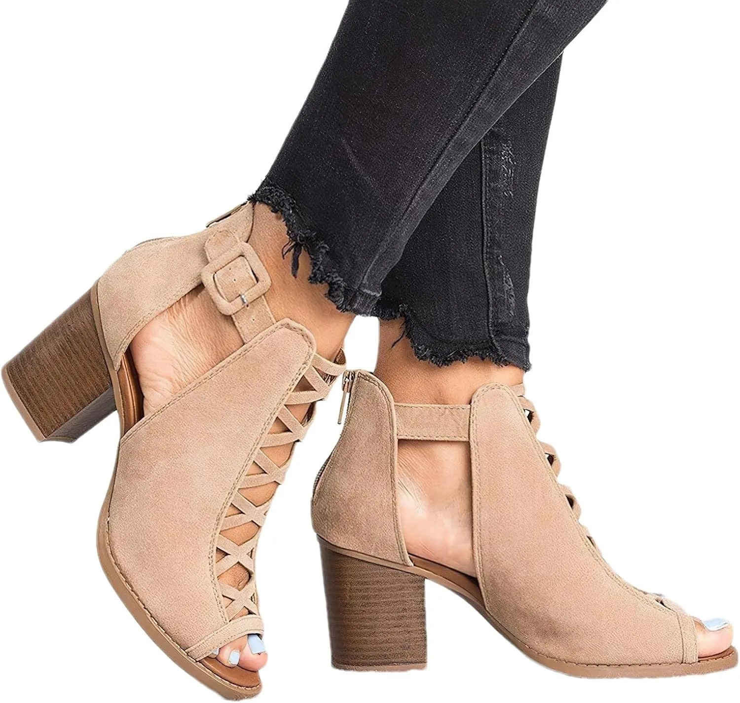 rismart Chunky Heeled Sandals for Women Peep Toe Rhinestone Cutout Crisscross Summer Ankle Bootie