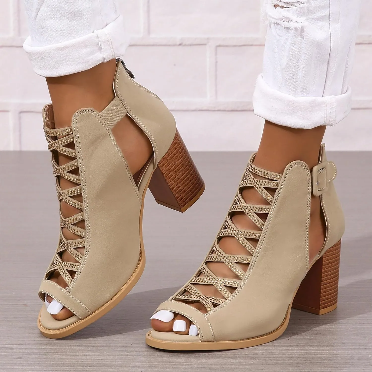 rismart Chunky Heeled Sandals for Women Peep Toe Rhinestone Cutout Crisscross Summer Ankle Bootie