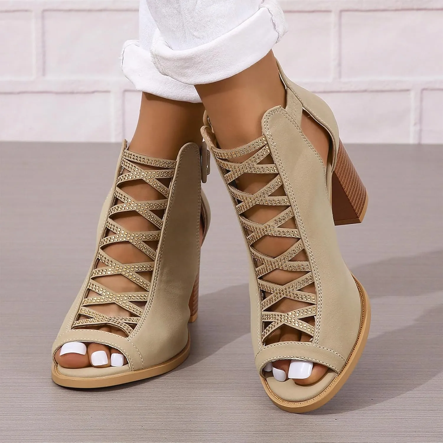 rismart Chunky Heeled Sandals for Women Peep Toe Rhinestone Cutout Crisscross Summer Ankle Bootie