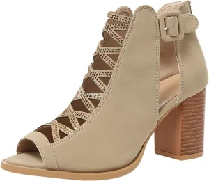 rismart Chunky Heeled Sandals for Women Peep Toe Rhinestone Cutout Crisscross Summer Ankle Bootie