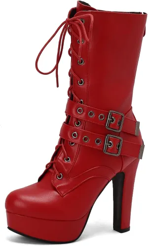 Roimaash Fashion Dress Boots Platform for Women Block High Heels Combat Boots