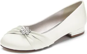 Round Toe Satin Flats Wedding Shoes for Bride Comfortable Bridal Flats Rhinestones Prom Evening Party Dress Pumps for Women Ivory Size 7