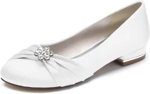 Round Toe Satin Flats Wedding Shoes for Bride Comfortable Bridal Flats Rhinestones Prom Evening Party Dress Pumps for Women White Size 7.5