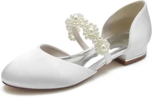 Round Toe Satin Pearl Wedding Flats Comfortable Wedding Shoes for Bride Mary Jane Bridal Flats Slip On Evening Prom Party Dress Shoes Pumps for Women