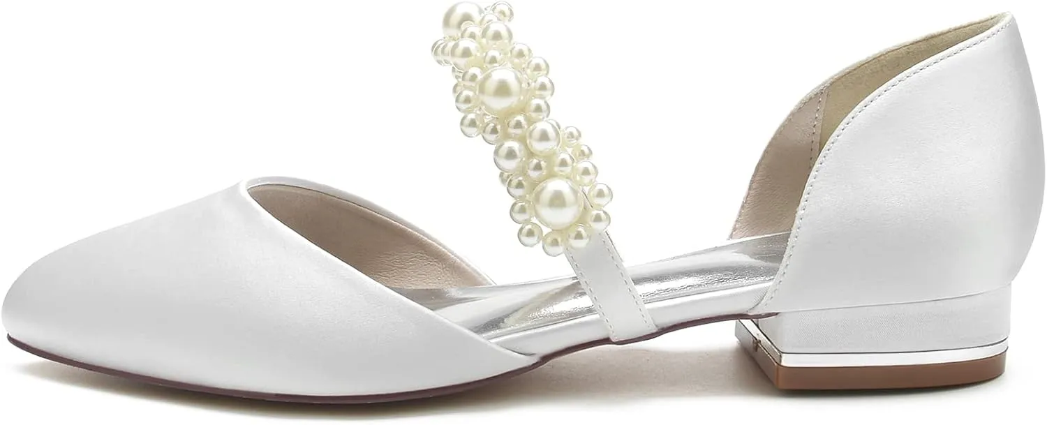 Round Toe Satin Pearl Wedding Flats Comfortable Wedding Shoes for Bride Mary Jane Bridal Flats Slip On Evening Prom Party Dress Shoes Pumps for Women