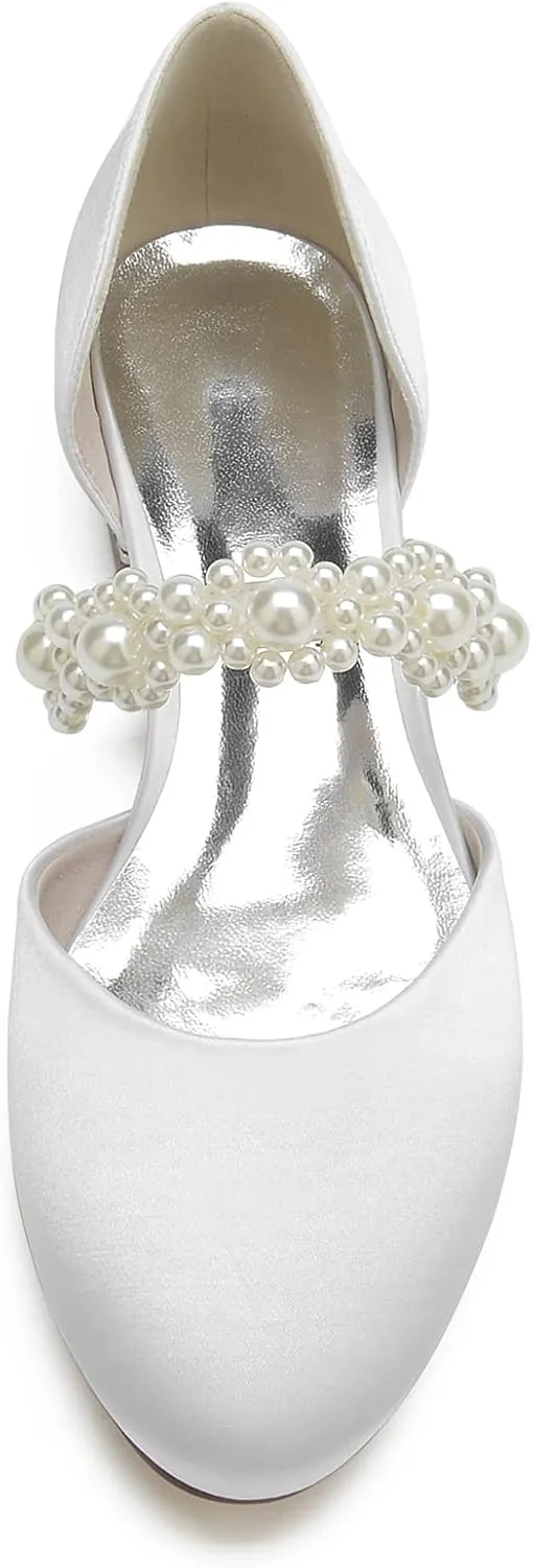 Round Toe Satin Pearl Wedding Flats Comfortable Wedding Shoes for Bride Mary Jane Bridal Flats Slip On Evening Prom Party Dress Shoes Pumps for Women