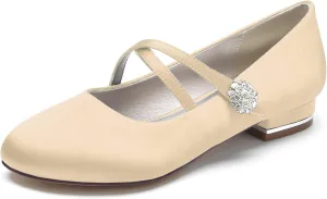 Round Toe Satin Wedding Flats for Bride Comfortable Rhinestones White Wedding Shoes Low Heels Mary Janes Bridal Flats Evening Prom Party Dress Shoes Pumps for Women
