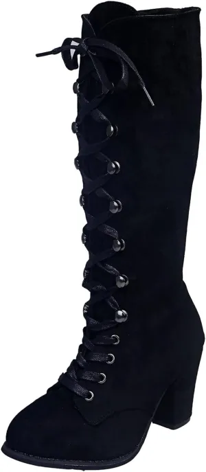 SACFOF Women's Suede Knee High Boot Ladies Lace up High Chunky Heeled Winter Boots Combat Riding Military Boots for Women