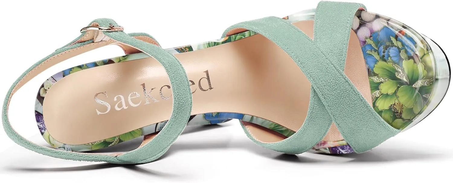 Saekcted Womens Chunky Block High Heel Open Toe Platform Ankle Strap Sandals Cross-Strap Patchwork Dress Shoes Casual Summer 5.1 Inches Heels