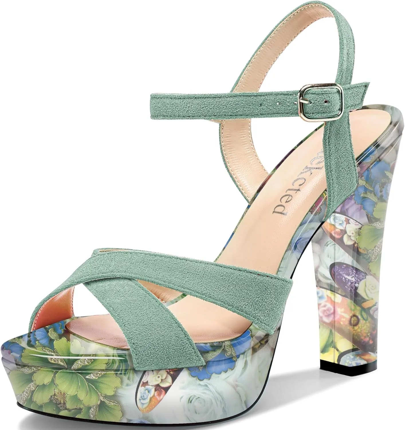 Saekcted Womens Chunky Block High Heel Open Toe Platform Ankle Strap Sandals Cross-Strap Patchwork Dress Shoes Casual Summer 5.1 Inches Heels