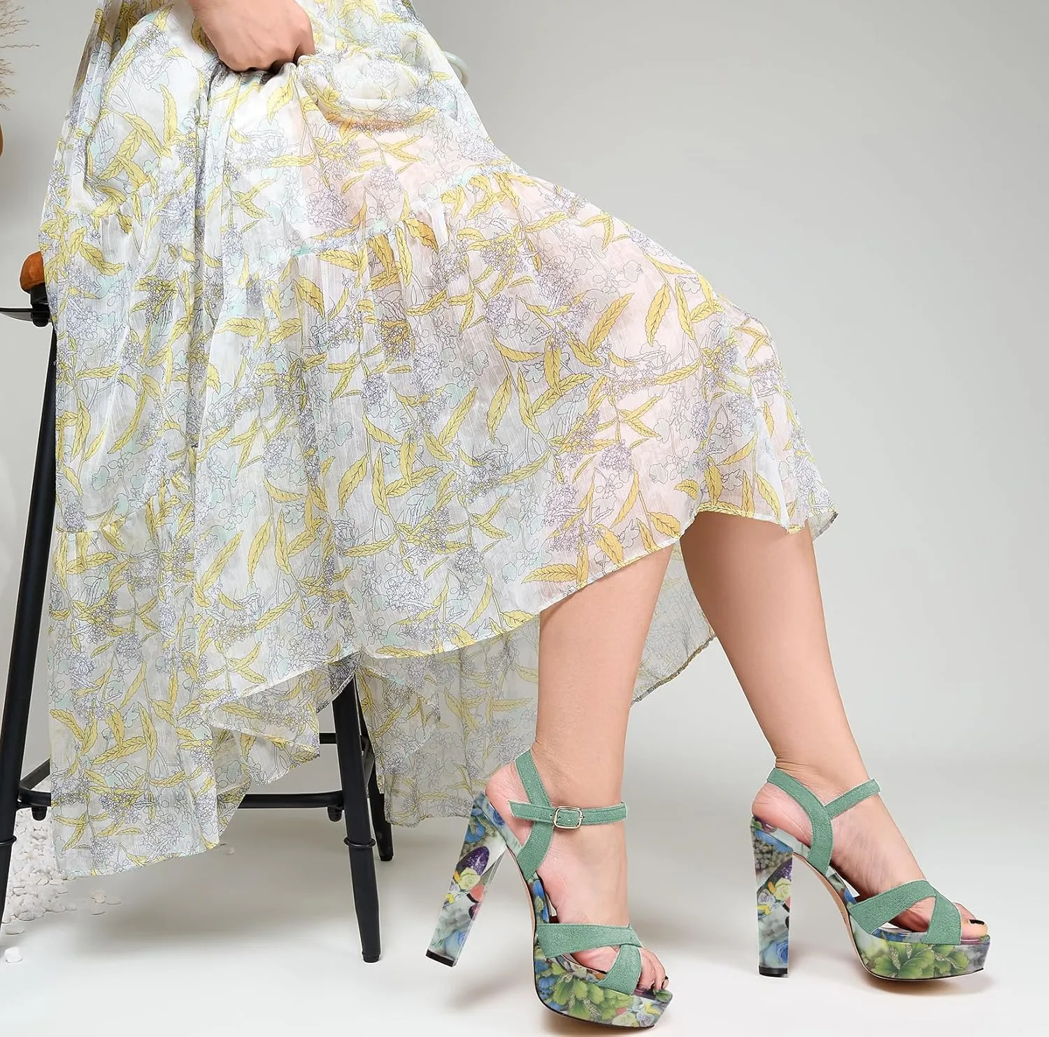 Saekcted Womens Chunky Block High Heel Open Toe Platform Ankle Strap Sandals Cross-Strap Patchwork Dress Shoes Casual Summer 5.1 Inches Heels