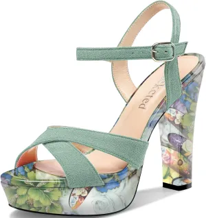 Saekcted Womens Chunky Block High Heel Open Toe Platform Ankle Strap Sandals Cross-Strap Patchwork Dress Shoes Casual Summer 5.1 Inches Heels