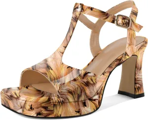 SAMMITOP Women's Platform Chunky High Heels T-Strap Sexy Sandals Open Square Toe Ankle Strap Wedding Party Prom Dress Shoes 3.5 Inch