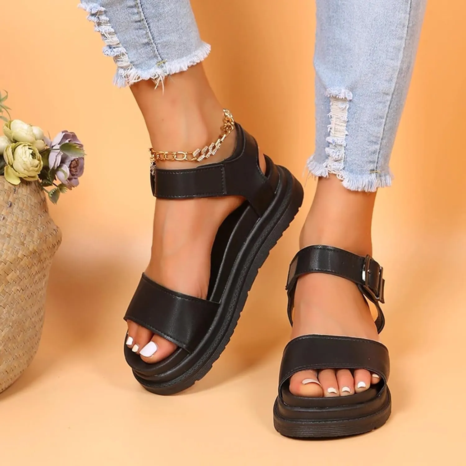 Sandals For Women Open Toes Teen Slippers For Girls Beach Sandal Platform Flats Adjustable Buckle Soft School Shoes