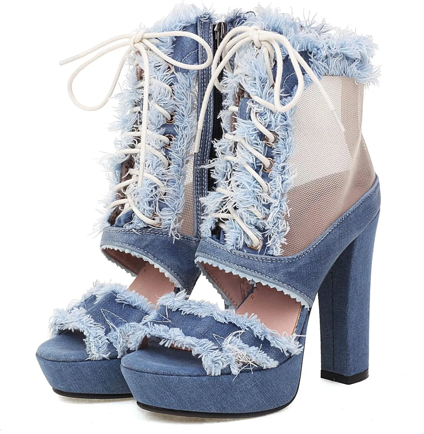 SHEMEE Women's Denim Patchwork Mesh Peep Toe High Heels Sandals Booties Lace Up Summer Open-toe Back Zipper Short Ankle Boots