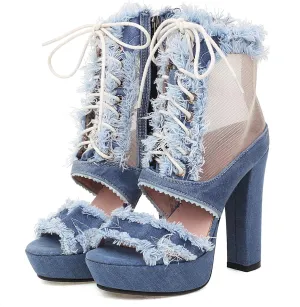 SHEMEE Women's Denim Patchwork Mesh Peep Toe High Heels Sandals Booties Lace Up Summer Open-toe Back Zipper Short Ankle Boots