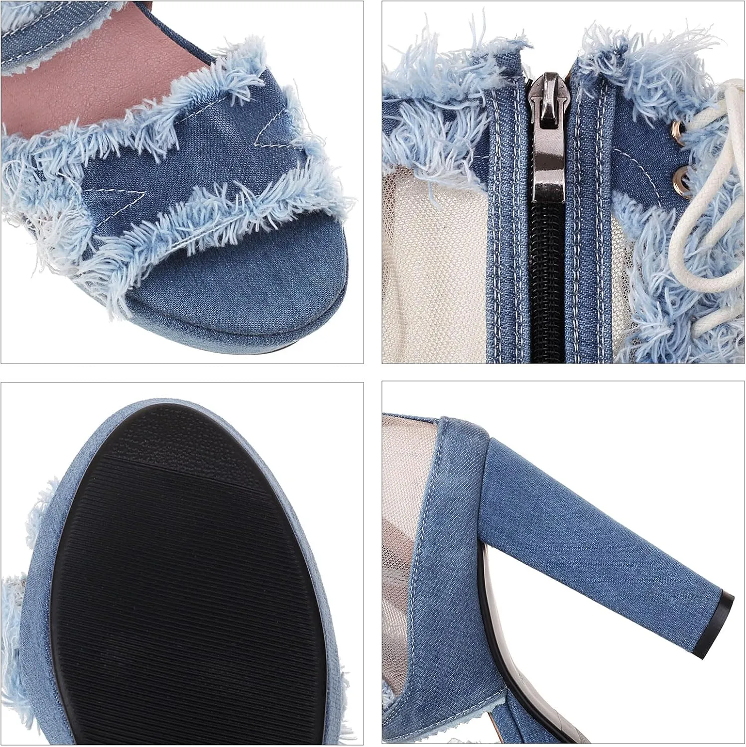 SHEMEE Women's Denim Patchwork Mesh Peep Toe High Heels Sandals Booties Lace Up Summer Open-toe Back Zipper Short Ankle Boots