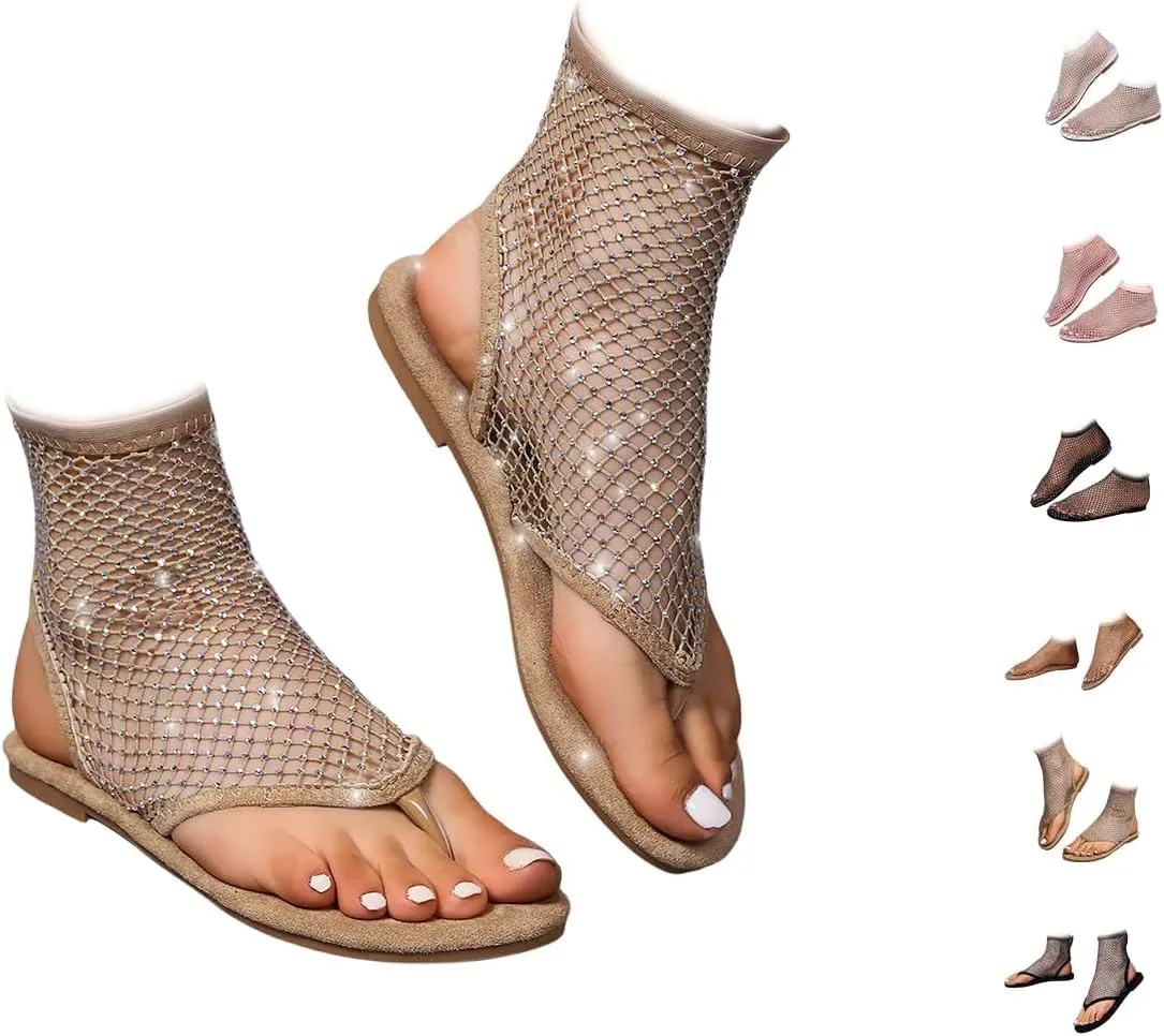 Shiny Gem Mesh Flats for Women, Sandals Dressy Summer Slip On Shoes, Sexy Cutout Sparkly Casual Wedding Dress Flats