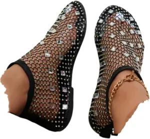 Shiny Gem Mesh Flats Women,Glittery Stretchy Net Shoes Women Ultra Comfortable Shiny Gem Mesh Flats Sparkle Shoe,Sexy Flat Cutout Sparkly Casual Wedding Dress Flats Slip On Sandals