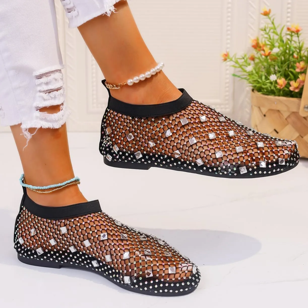 Shiny Gem Mesh Flats Women,Glittery Stretchy Net Shoes Women Ultra Comfortable Shiny Gem Mesh Flats Sparkle Shoe,Sexy Flat Cutout Sparkly Casual Wedding Dress Flats Slip On Sandals