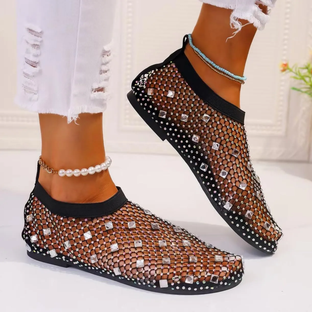 Shiny Gem Mesh Flats Women,Glittery Stretchy Net Shoes Women Ultra Comfortable Shiny Gem Mesh Flats Sparkle Shoe,Sexy Flat Cutout Sparkly Casual Wedding Dress Flats Slip On Sandals