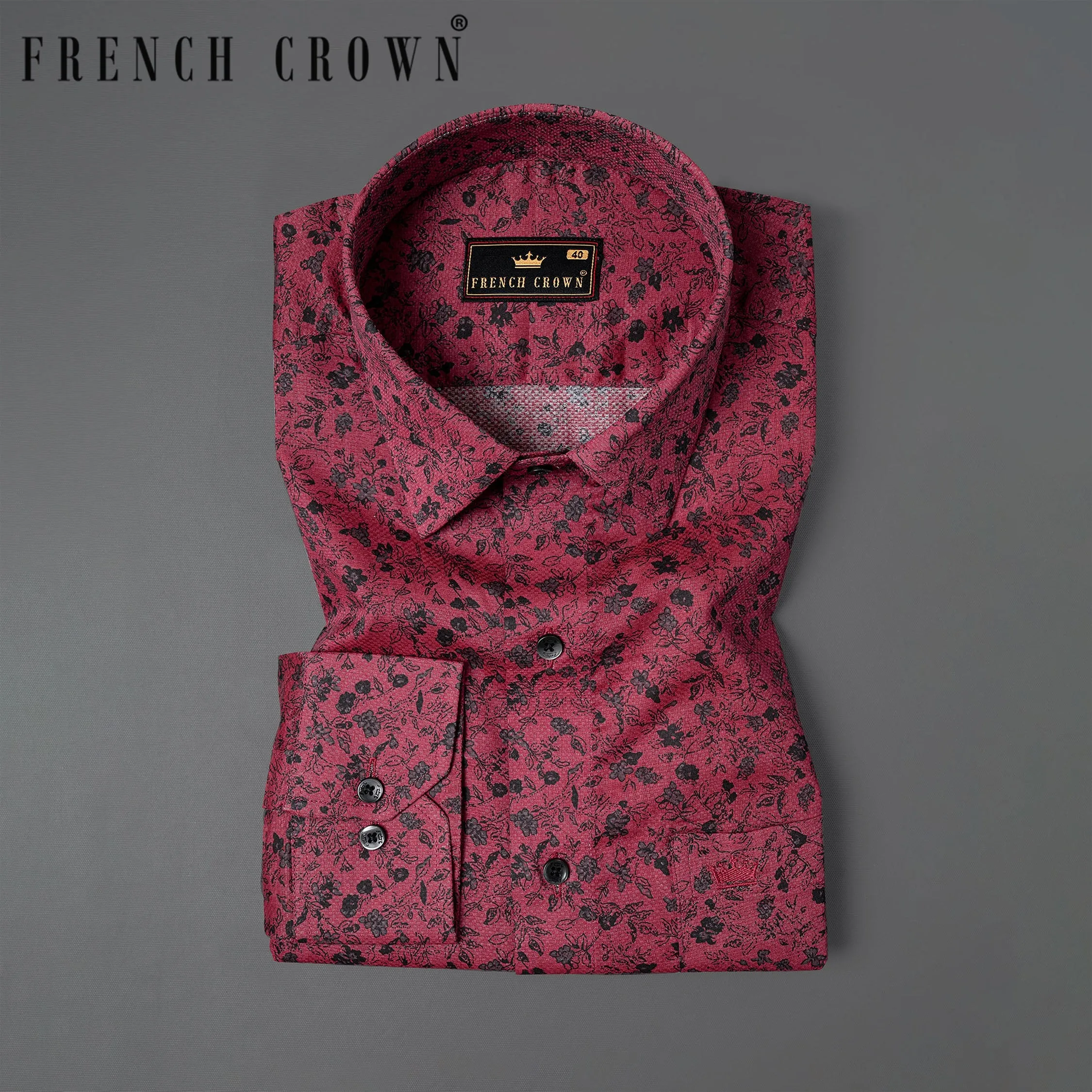 Shiraz Red Floral Printed Dobby Textured Premium Giza Cotton Shirt