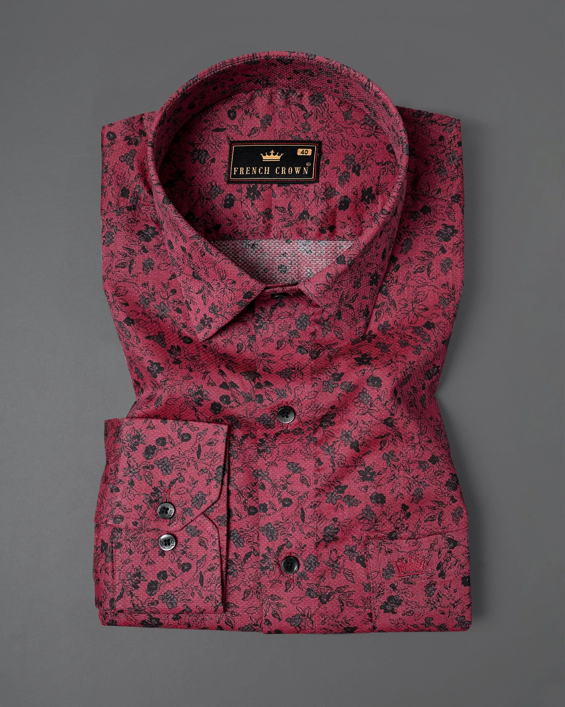 Shiraz Red Floral Printed Dobby Textured Premium Giza Cotton Shirt