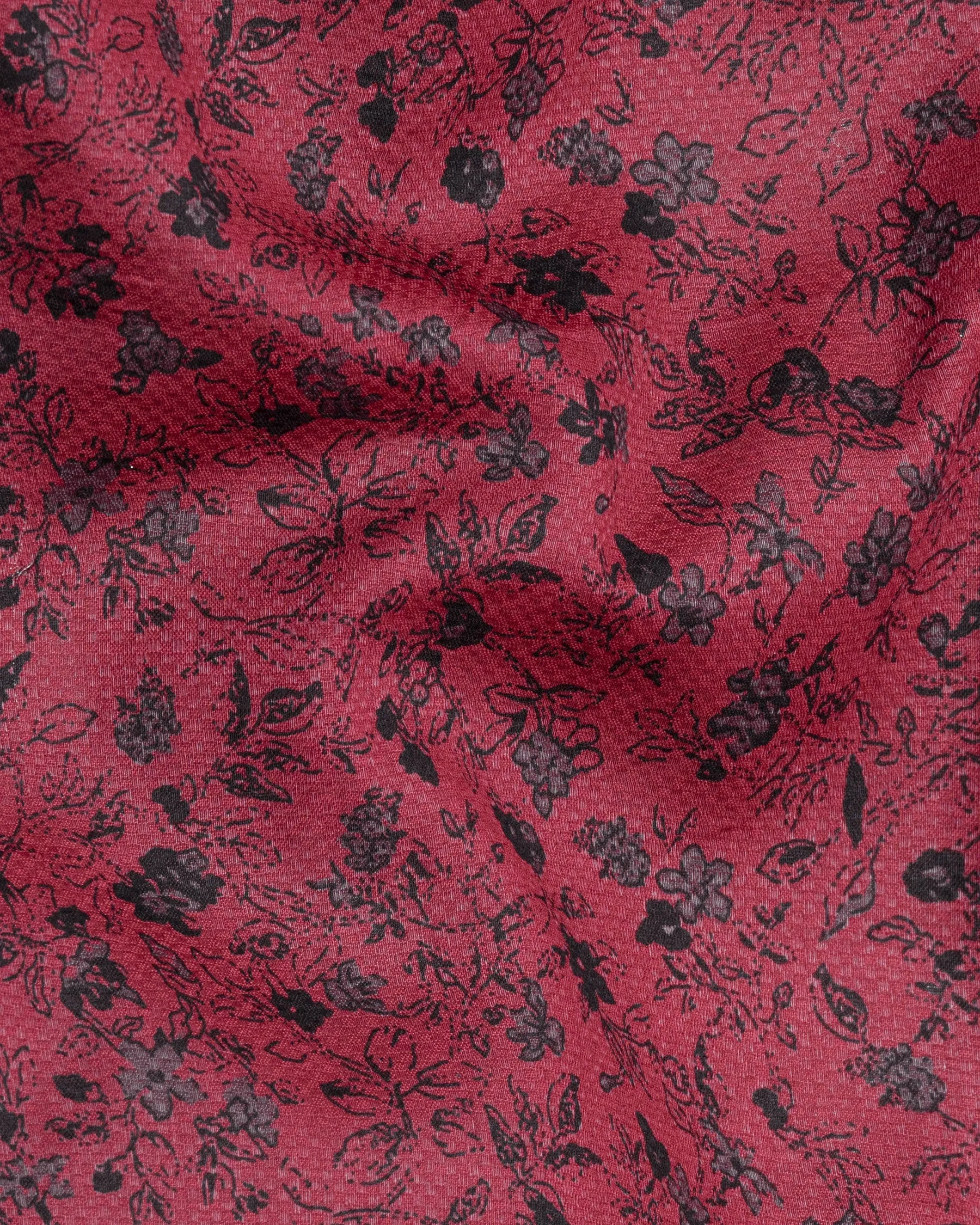Shiraz Red Floral Printed Dobby Textured Premium Giza Cotton Shirt