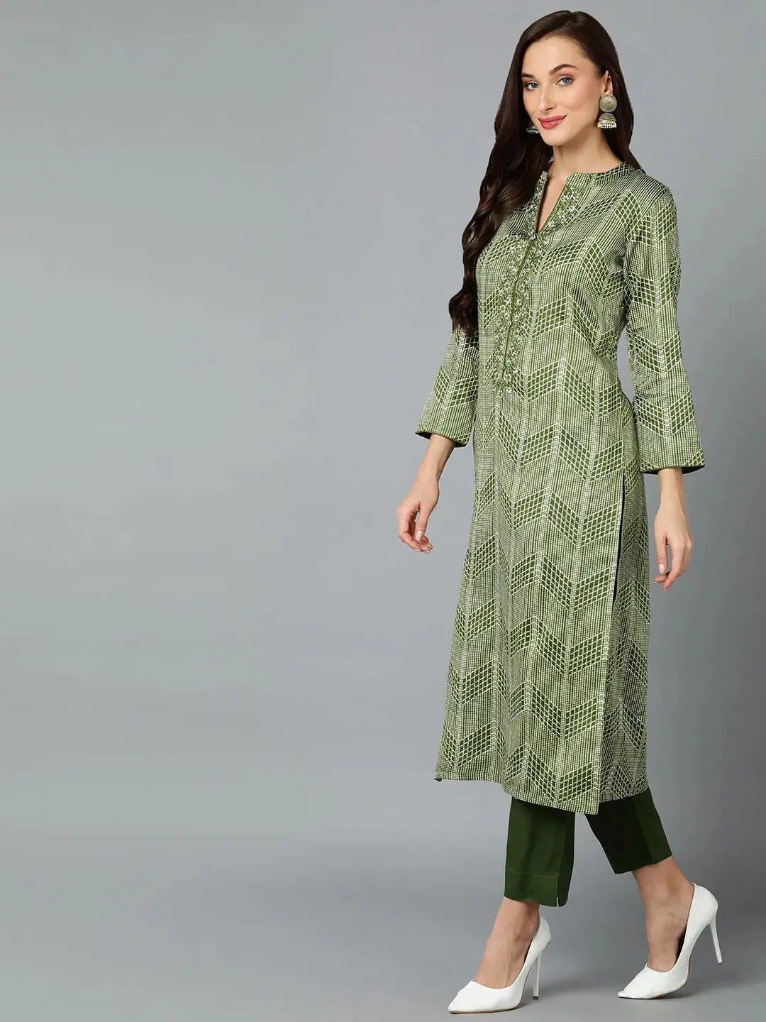 Silk Blend Fern Green Straight Kurta Pant-VKSKD1808A