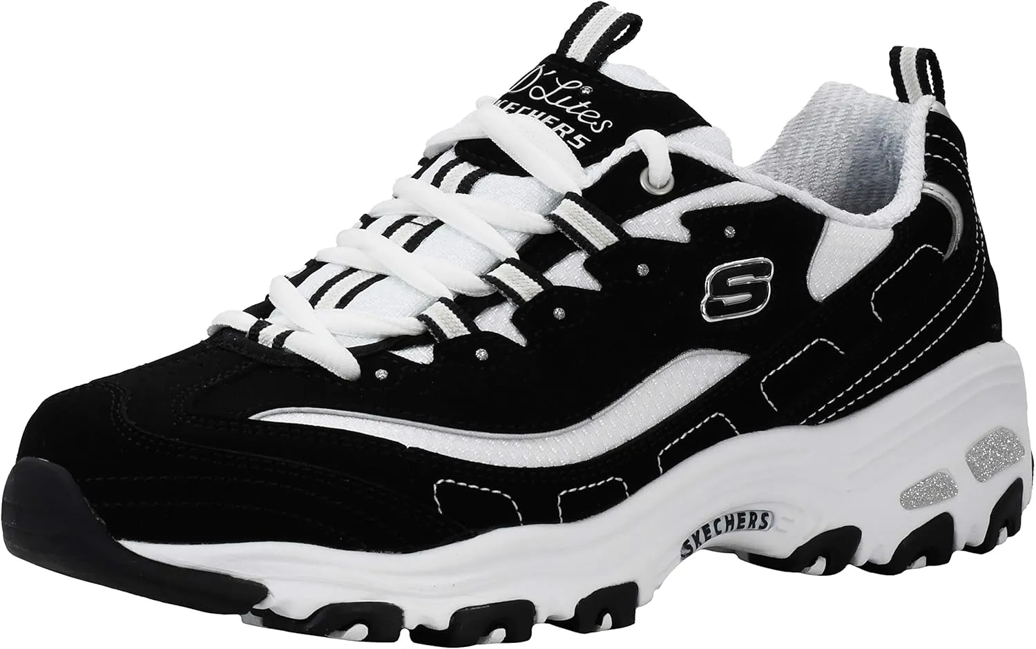 Skechers Women's D'Lites Original Lace-Up Sneaker, Black/White, 8 M US