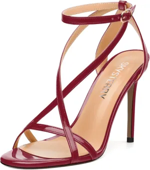 SKYSTERRY Lace Up High Stiletto Heeled Patent Sandals For Women Round Open Toe Strappy Ankle Buckle Heels Womens Dress Wedding Evening Fashion Shoes 4 Inch