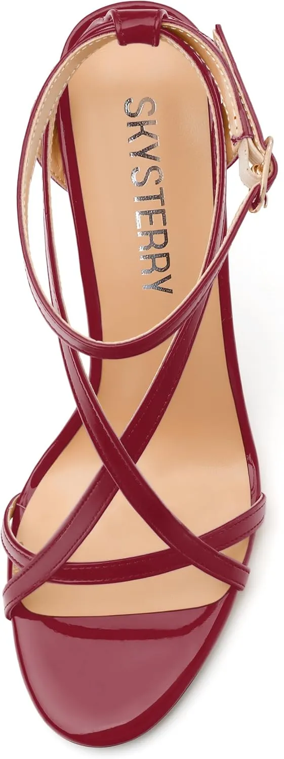 SKYSTERRY Lace Up High Stiletto Heeled Patent Sandals For Women Round Open Toe Strappy Ankle Buckle Heels Womens Dress Wedding Evening Fashion Shoes 4 Inch