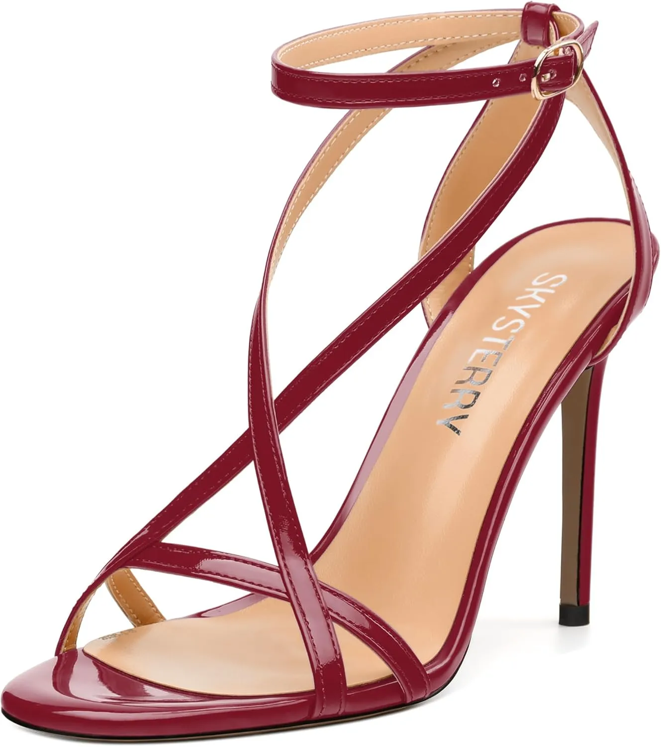 SKYSTERRY Lace Up High Stiletto Heeled Patent Sandals For Women Round Open Toe Strappy Ankle Buckle Heels Womens Dress Wedding Evening Fashion Shoes 4 Inch