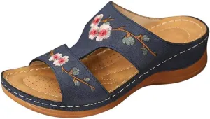 Slip on Sandals for Women Comfortable Casual Flower Embroidery Wedge Platform Slipper Summer Hollow Breathable Open Toe Platform Beach Shoes