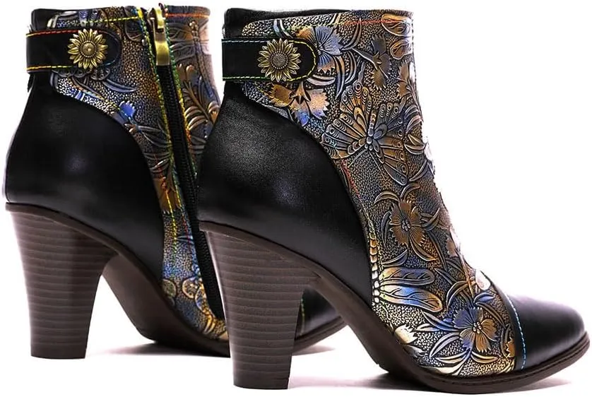 SOCOFY Womens Ankle Boots Leather Fur Lined High Heel Comfort Splicing Floral Pattern Lace Up Boots for Winter