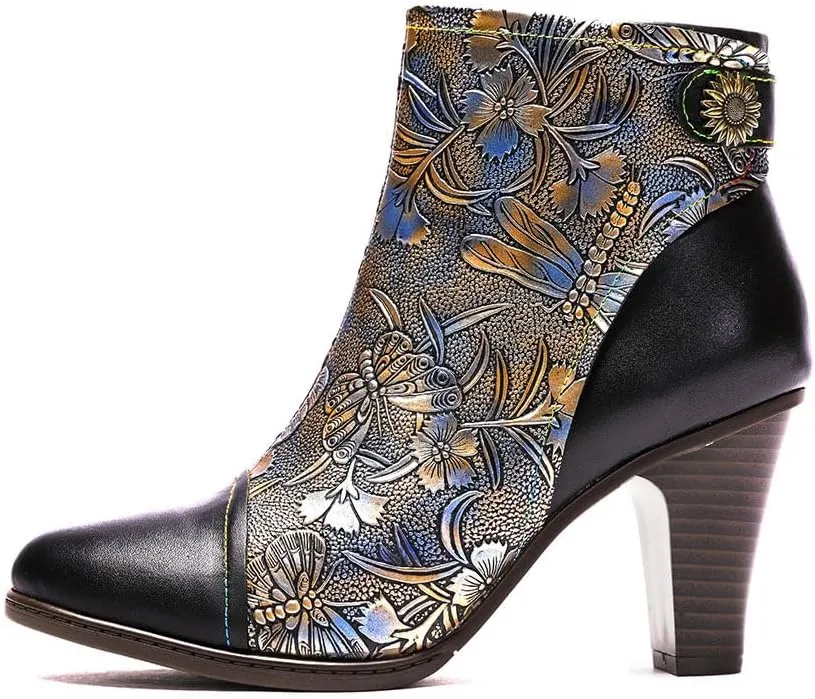 SOCOFY Womens Ankle Boots Leather Fur Lined High Heel Comfort Splicing Floral Pattern Lace Up Boots for Winter