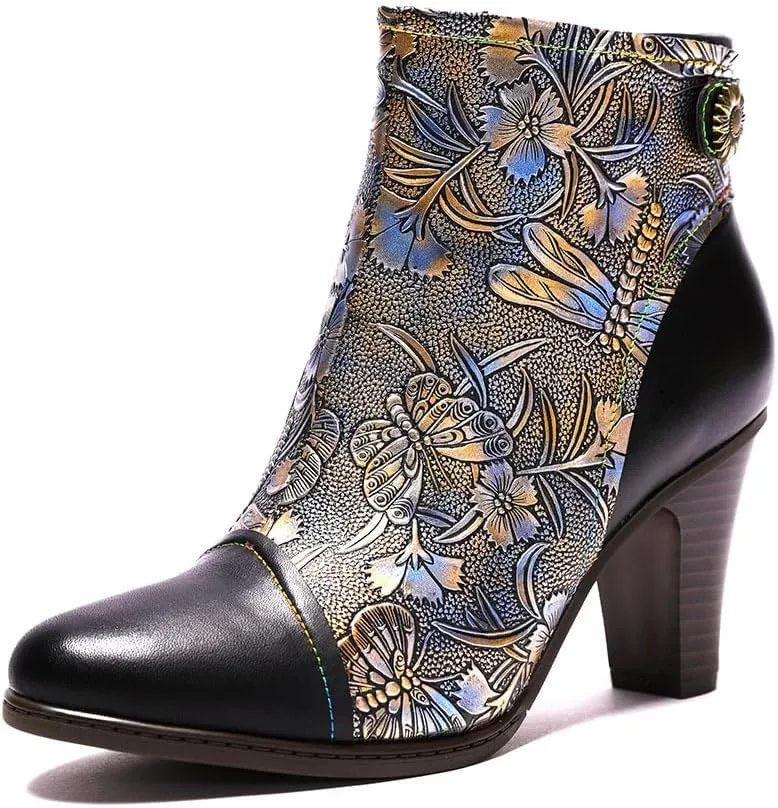 SOCOFY Womens Ankle Boots Leather Fur Lined High Heel Comfort Splicing Floral Pattern Lace Up Boots for Winter