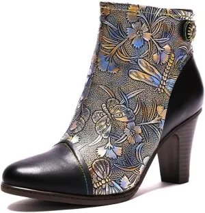 SOCOFY Womens Ankle Boots Leather Fur Lined High Heel Comfort Splicing Floral Pattern Lace Up Boots for Winter