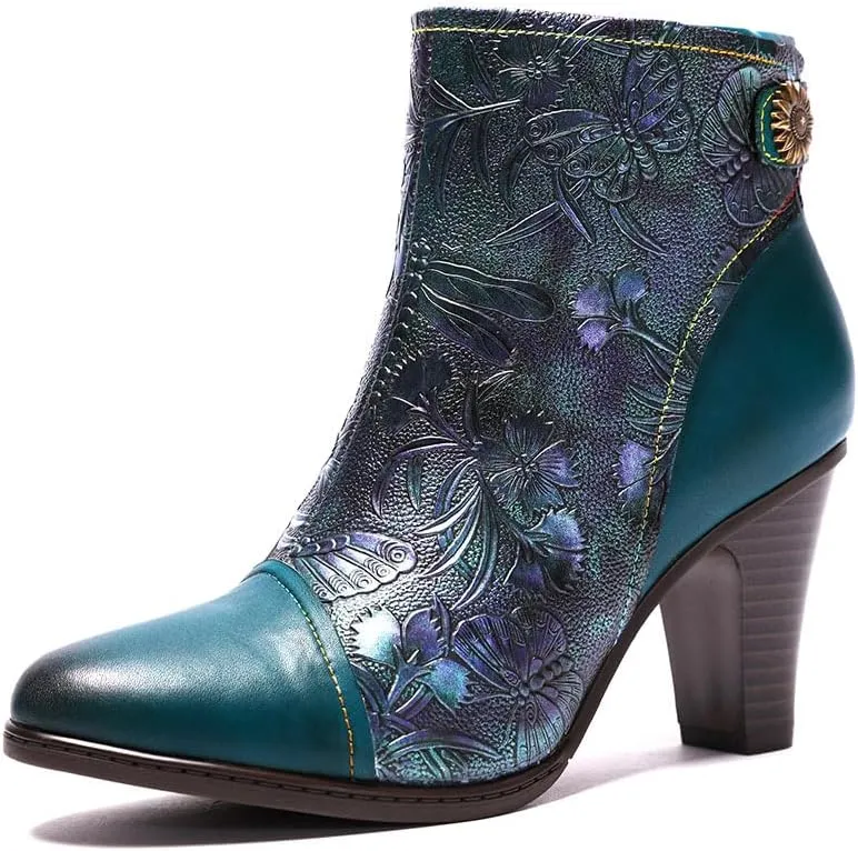 SOCOFY Womens Ankle Boots Leather Fur Lined High Heel Comfort Splicing Floral Pattern Lace Up Boots for Winter