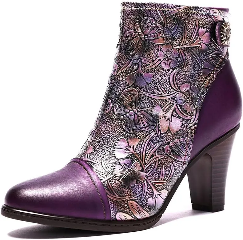 SOCOFY Womens Ankle Boots Leather Fur Lined High Heel Comfort Splicing Floral Pattern Lace Up Boots for Winter