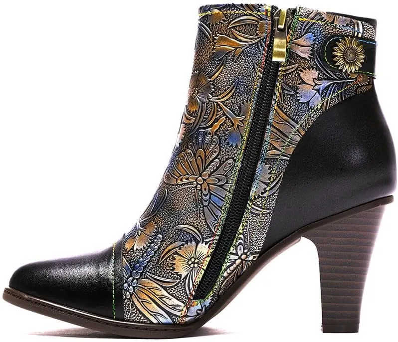 SOCOFY Womens Ankle Boots Leather Fur Lined High Heel Comfort Splicing Floral Pattern Lace Up Boots for Winter