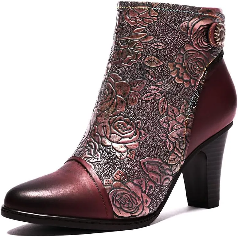 SOCOFY Womens Ankle Boots Leather Fur Lined High Heel Comfort Splicing Floral Pattern Lace Up Boots for Winter