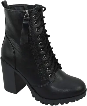 Soda Women Chunky High Heel Combat Army Military Riding Ankle Boots Lace Up Booties Malia-S Black 8