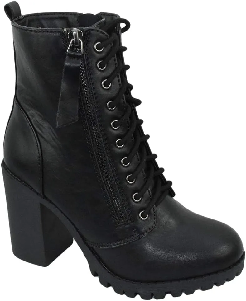 Soda Women Chunky High Heel Combat Army Military Riding Ankle Boots Lace Up Booties Malia-S Black 8