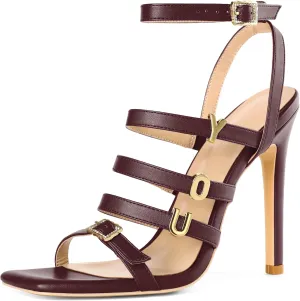 Soireelady Womens High Heel Sandals, Ankle Strap Open Toe Heels, Square Toe Stiletto Strappy Heeled Sandals 4 Inch Prom Party