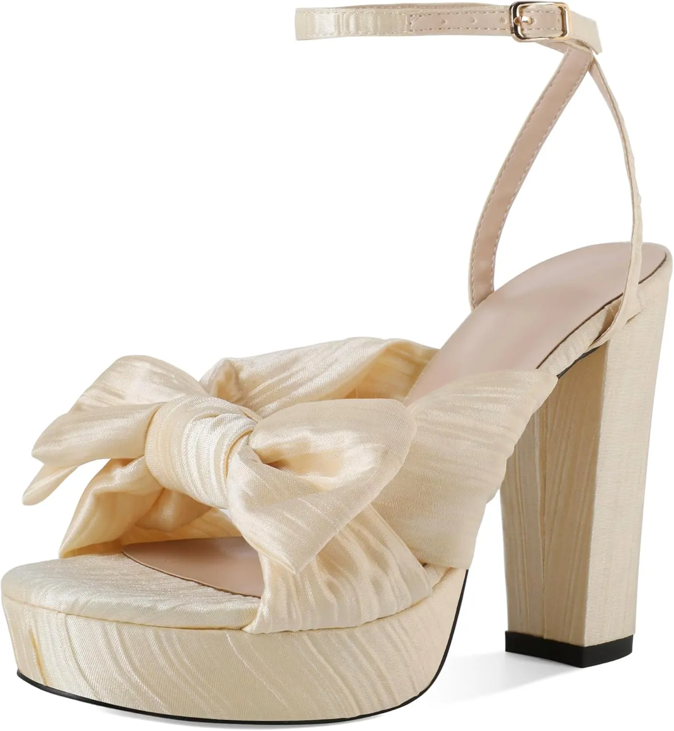 Soireelady Womens Platform Heels Bow Chunky Heels Open Toe High Heeled Sandals Ankle Strap Wedding Dress Shoes 5 Inches