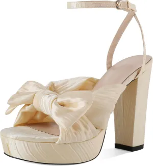 Soireelady Womens Platform Heels Bow Chunky Heels Open Toe High Heeled Sandals Ankle Strap Wedding Dress Shoes 5 Inches