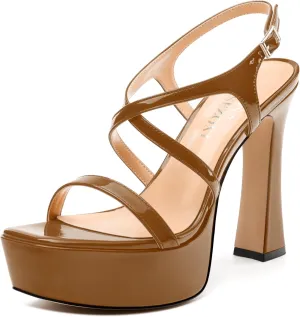Square Toe Heeled Platform Sandals, Criss-cross Straps High Block Heel Sandals, Open Toe Slingback Strappy Sandals, Wedding Party Dress Shoes 5"