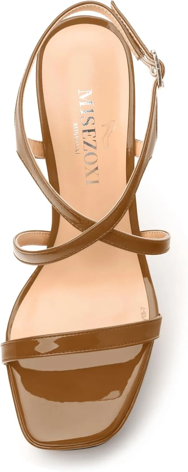 Square Toe Heeled Platform Sandals, Criss-cross Straps High Block Heel Sandals, Open Toe Slingback Strappy Sandals, Wedding Party Dress Shoes 5"